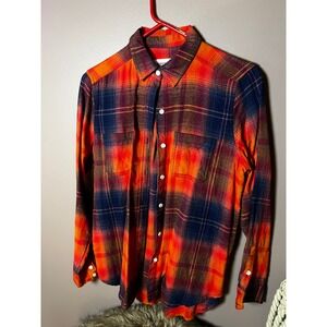 Mossimo Supply Co Womens Orange Navy Plaid Flannel Boyfriend Fit Shirt Small